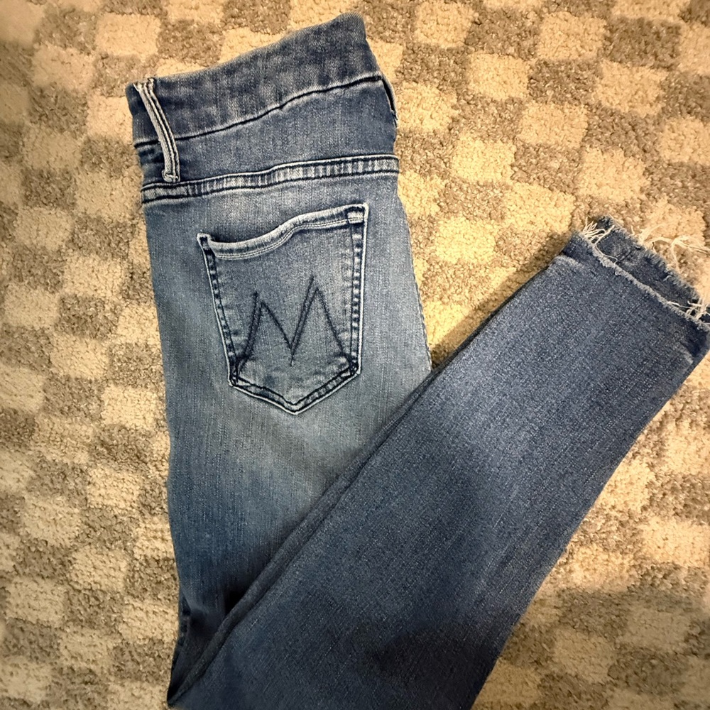 MOTHER Classic Blue Skinny Jeans with plaid patch under distressing